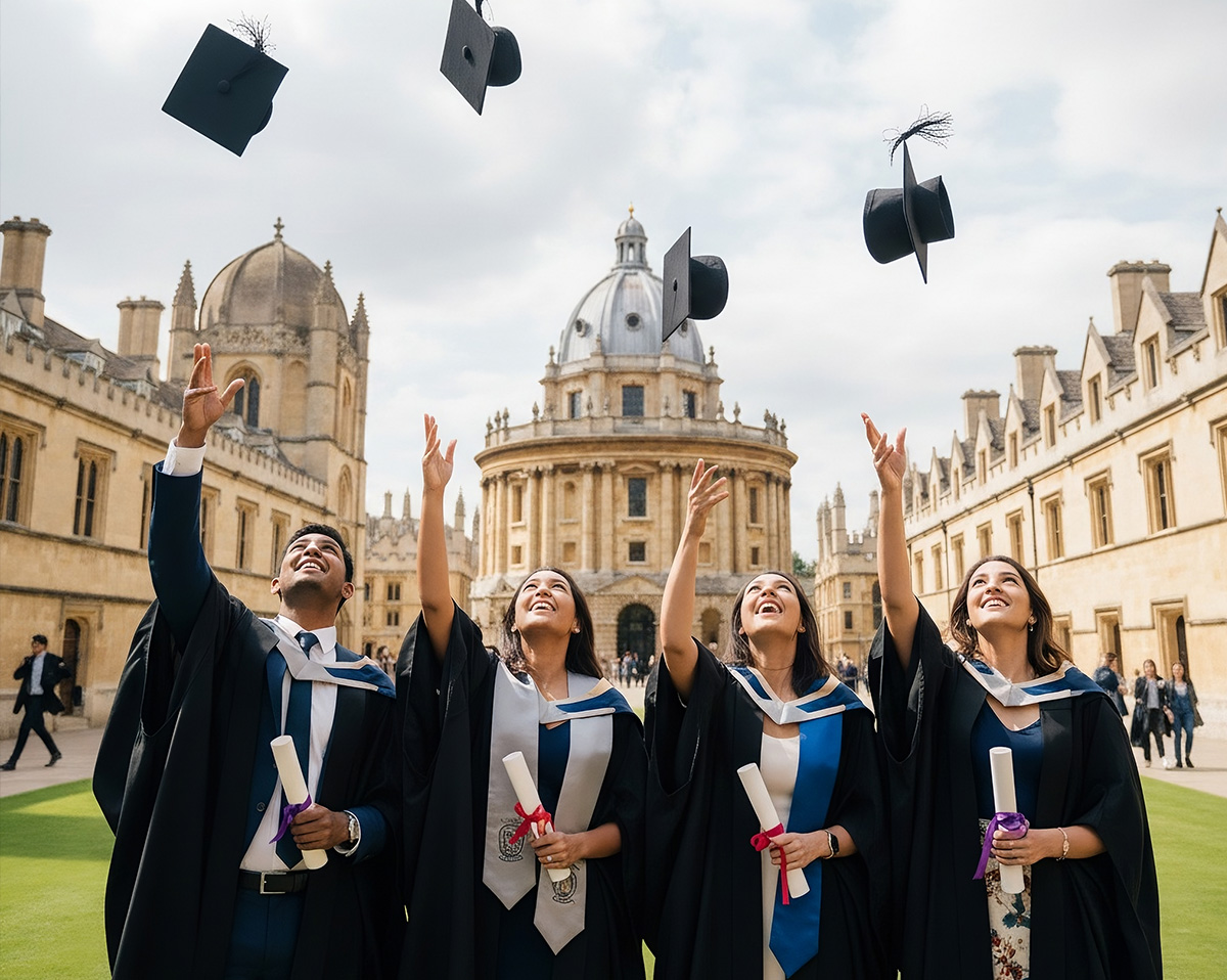 jovenes universitarios vestidos con toga, sujetan en una mano sus diplomas y con la otra lanzan al aire sus birretes