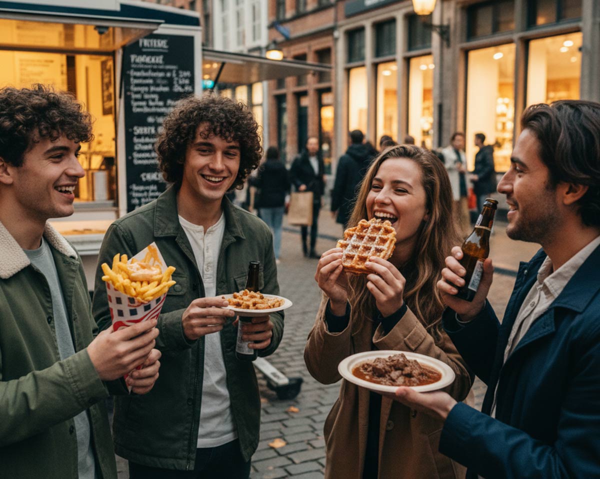 cuatro estudiantes jóvenes comen comida para llevar en la calle. Está atardeciendo y la luz es cálida.